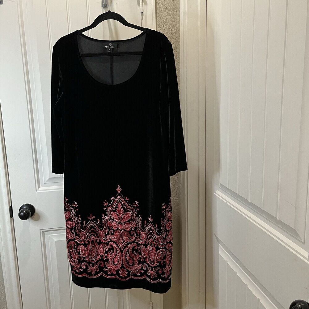 Ronni Nicole Velvet Velour Black Pink Embroidered Paisley Long Sleeve Dress 16 - Picture 2 of 11